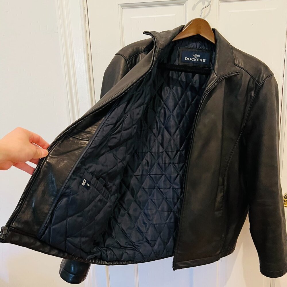 Vintage Dockers Men's L Quilted Soft Leather Iconic Bomber Jacket Coat Black - Picture 5 of 16